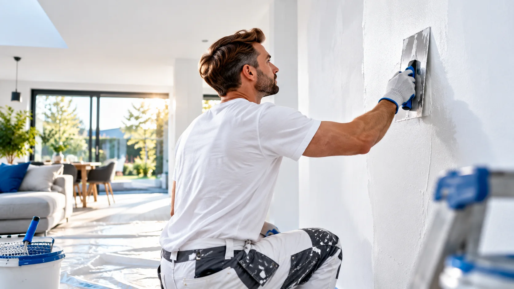 Imagebild: Maler spachtelt eine Innenwand